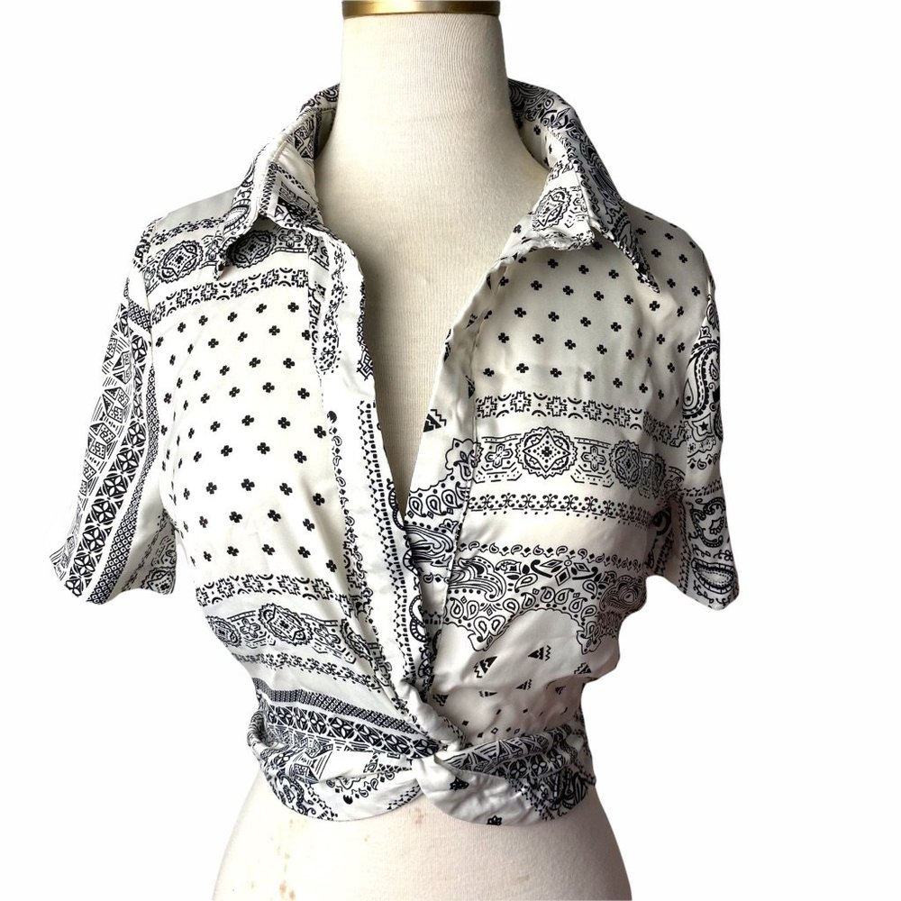 Black and White Print Wrap Around Silky Crop Top